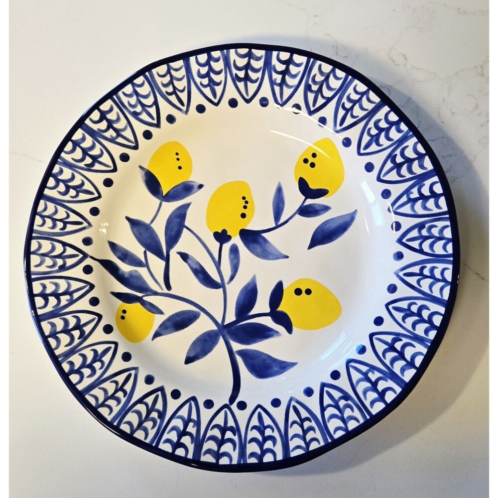 Tabletops Unlimited Lemon Orchard Dinner Plate 10.8" Blue Yellow Hand Painted